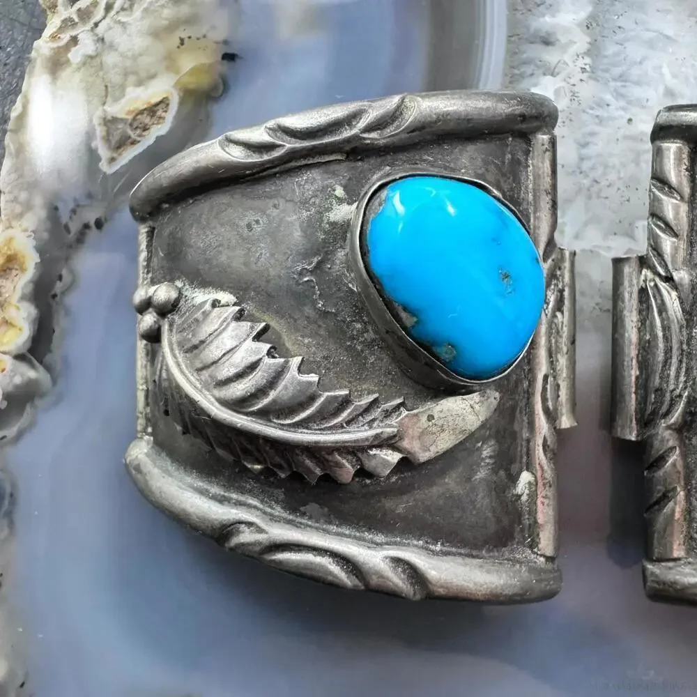 Native American Vintage Silver 2 Natural Turquoise Decorated Watch Band Tips